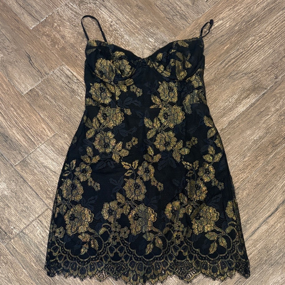 For Love And Lemons Black and Gold Floral Mini Dress